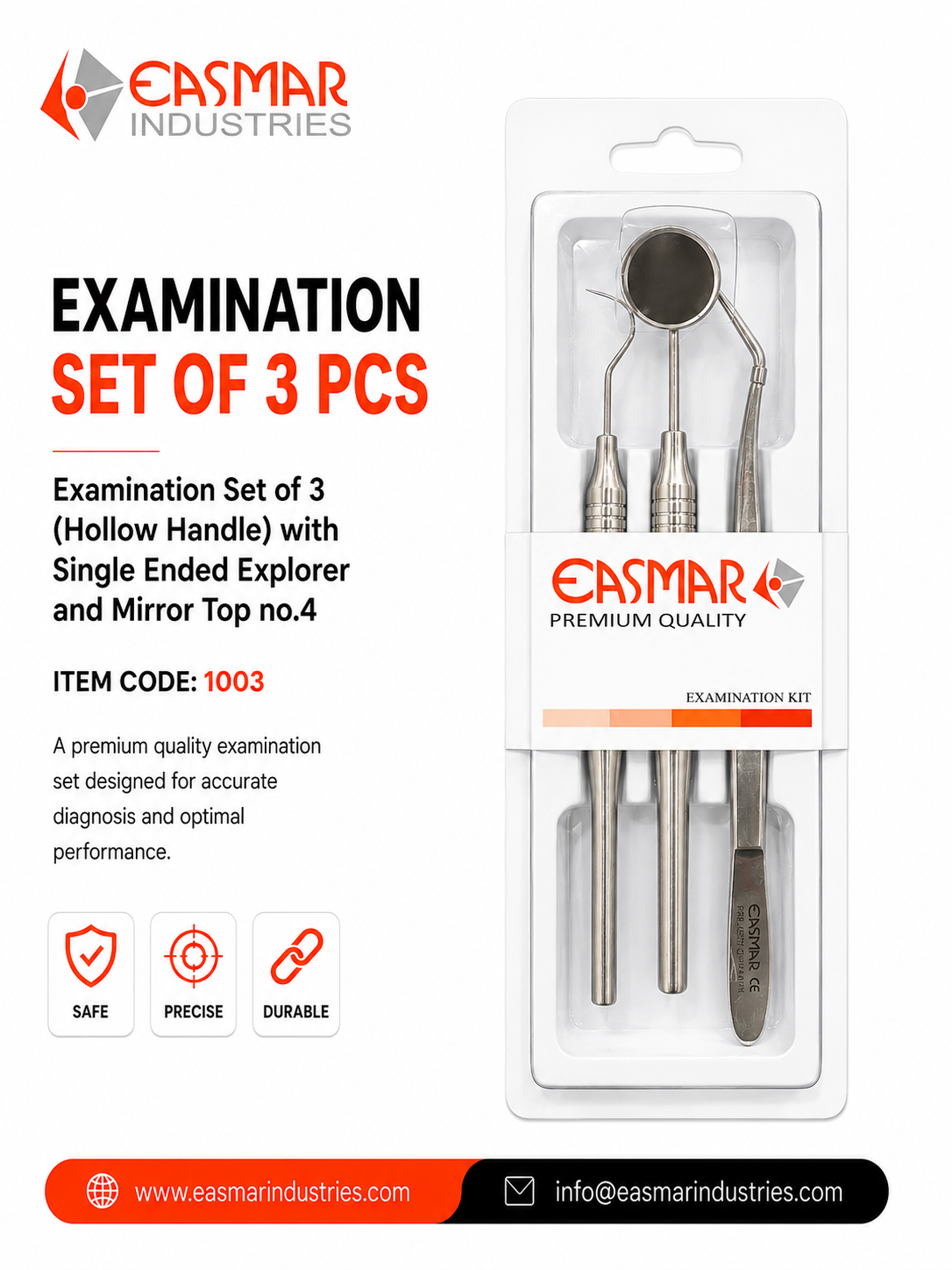 Premium Examination Set of 3 PCS with Hollow Handle, Single Ended Explorer and Mirror Top No. 4